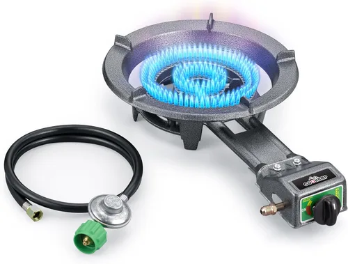 COOKAMP Quemador de propano, estufa de camping de baja presión con quemador único, con regulador y manguera, estufa de gas portátil para cocinar al