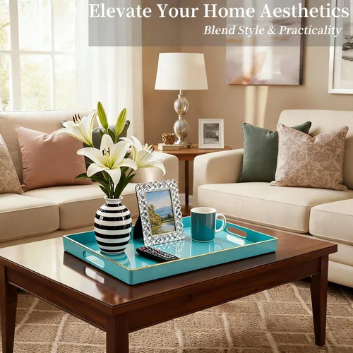 Vista 3 de Zosenley - Bandeja decorativa de plástico con asas, organizador moderno de tocador para baño, cocina, otomano y mesa de café (Azul, Rectangular)