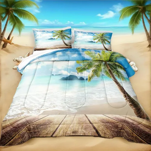Vista 13 de Bedbay Juego de edredón de playa tamaño King, juego de ropa de cama costera de 3 piezas con diseño de concha de mar, conchas y vida marina, juego