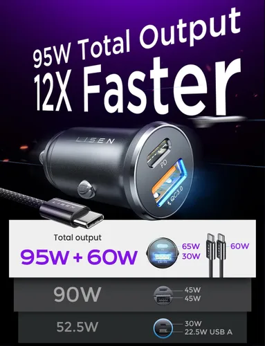 Vista 2 de LISEN Adaptador de cargador de coche USB C, carga rápida de 95 W, cargador USB para encendedor de cigarrillos, carga rápida, PD65W, cargador de Rojo