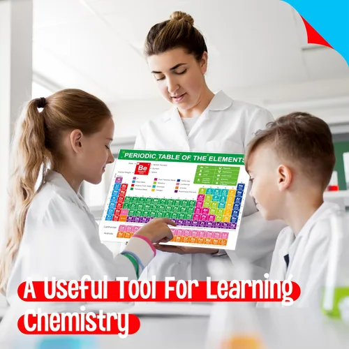 Vista 5 de Póster de tabla periódica de elementos, tabla científica totalmente laminada con estado, nombre, número atómico y peso, hoja de ecuaciones, póster