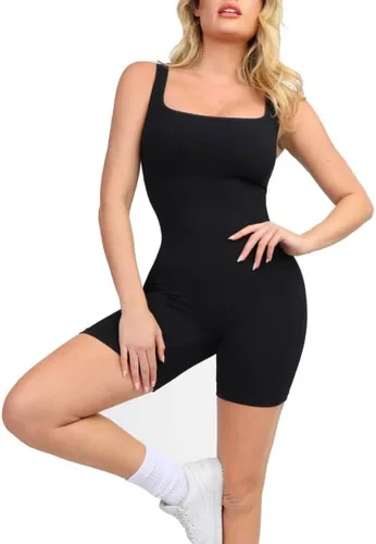 Popilush Overol para mujer, brasier deportivo integrado, sin mangas, acanalado, con control de abdomen, sin mangas, cuello cuadrado, conjuntos de