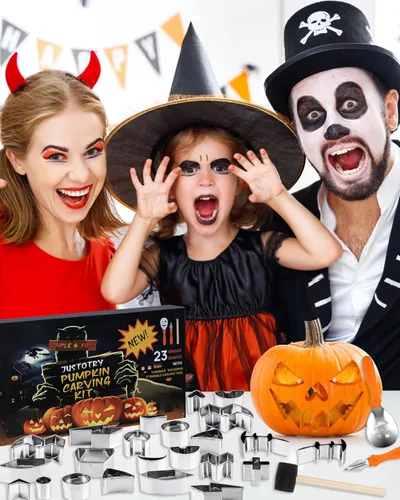 Vista 6 de JUSTOTRY Pumpkin Carving Kit - Halloween Pumpkin Face Shape Cookie Cutters Tools Set Easy & Safe Adults Kids DIY, Stainless Steel 23 Molds with 3 23