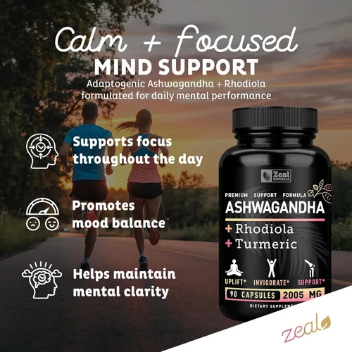 Vista 4 de Zeal Naturals Complejo adaptogénico de Ashwagandha 2005 mg, 90 cápsulas Polvo orgánico de raíz de ashwagandha + Rhodiola Rosea + cúrcuma