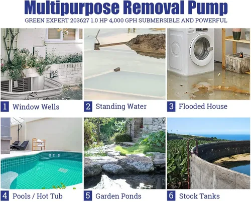 Vista 7 de Green Expert Bomba Sumergible de Sumidero de 1HP 4000GPH Alto Flujo Acero Inoxidable Completo Cable de Alimentación de 25 Pies Drenaje Rápido