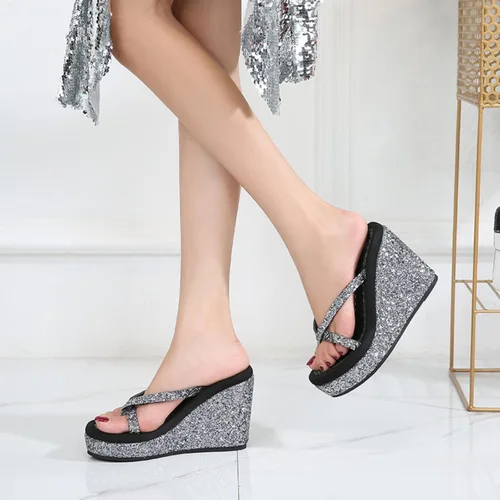 Vista 7 de Sandalias de plataforma de tacón alto para mujer, con lentejuelas brillantes, antideslizantes, cómodas.