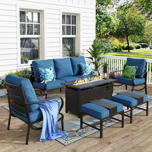 Vista 55 de MFSTUDIO Juego de muebles de patio de 6 piezas con mesa de fogata de gas de 45 pulgadas (hasta 7 asientos), sofás de conversación de patio con marco