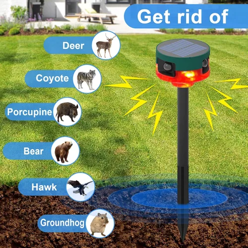 Vista 2 de ChunHee Alarma con sensor de movimiento para exteriores, alarma solar de 360°, 13 sonidos que ladran al perro y grabación de apoyo, luz