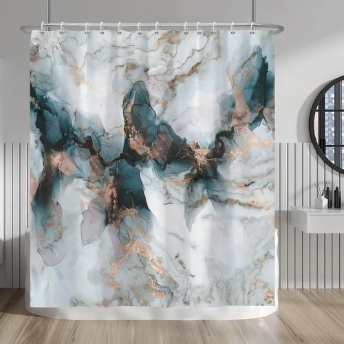 Vista 236 de Baocicco Cortina de ducha de mármol azul abstracto a rayas, decorativa, textura de lujo, línea moderna, decoración de acuarela, juego de cortinas