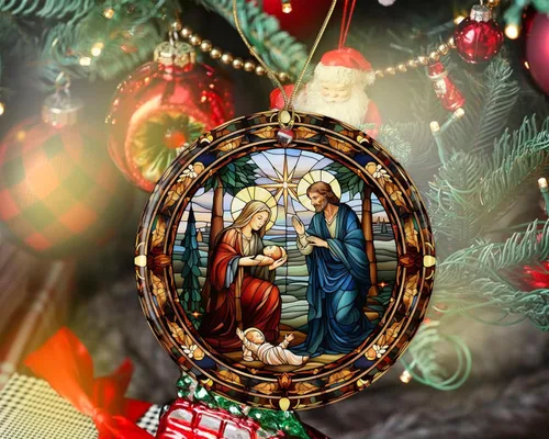 Vista 2 de Stained Glass Christmas God Ornament Ceramic, Ornament Ceramic, Stained Glass God Ornament, Ornament Religious Gift for Christians Printed on One