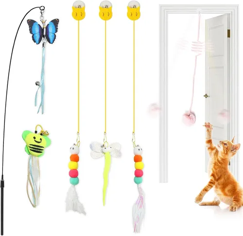 Juguetes para gatos, 6 piezas con varita interactiva y juguetes para puerta colgante, juguete interactivo de plumas para gatos de interior, gatos