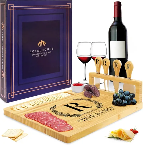 Vista 8 de RoyalHouse Juego único de tabla de queso de bambú y cuchillos con 2 cajones deslizables para cubiertos, juego de tablas de charcutería, regalos