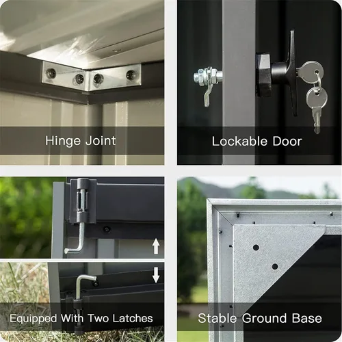 Vista 4 de Cobertizo de almacenamiento para exteriores, de metal, impermeable, para herramientas de jardín, con puerta con cerradura, espacio libre