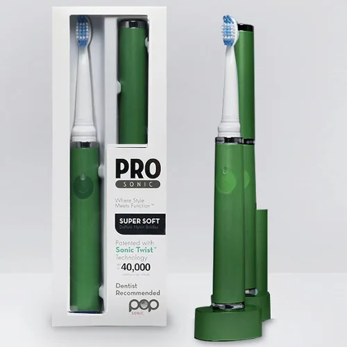 Vista 6 de Pop Sonic Ultimate Pro Cepillo de dientes recargable (verde) - 40,000 trazos/minuto - Cerdas de nailon Dupont - Adolescentes y adultos con cuadrante