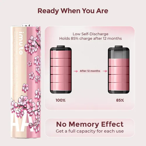 Vista 8 de imuto Cherry Blossom Style - Kit de baterías AA recargables estilo flor de cerezo, 8 pilas de litio AA rosas de 2500 mWh, cargador inteligente