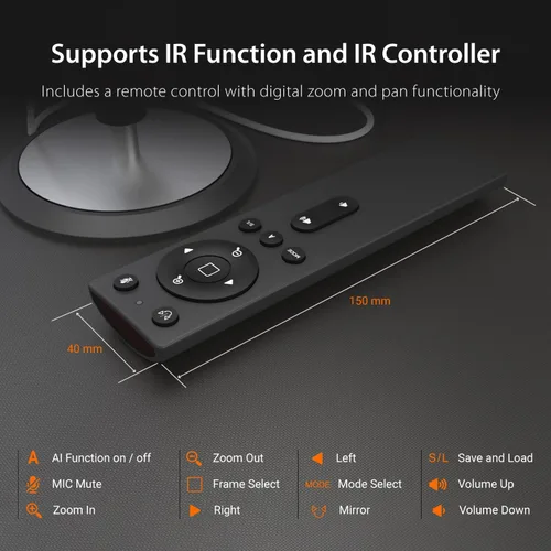Vista 6 de j5create Cámara de sala de conferencias con tecnología de IA 360 con altavoz, seguimiento inteligente, marco automático, incluye un control remoto
