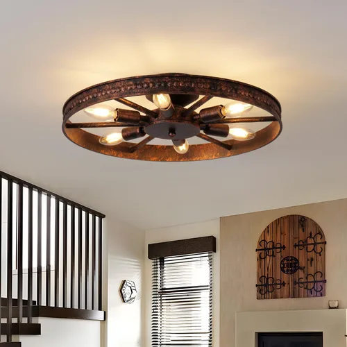 Vista 10 de Lámpara de techo redonda de 4 luces con montaje semiempotrado en negro, estilo rústico de metal granja para isla de cocina, comedor, pasillo