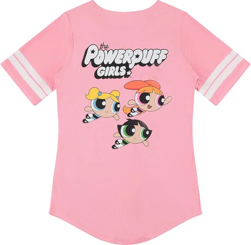 Vista 2 de PowerPuff Girls Ladies Baseball Jersey - Powerpuff Mesh Button Down Baseball Jersey - Blossom Bubble and Buttercup Shirt