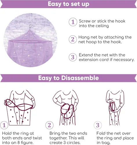 Vista 7 de Bollepo Toldo de cama morado y arcoíris para niñas con estrellas brillantes - Decoración de habitación de red de cuna de princesa Cortinas de cama