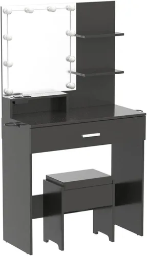Vista 4 de Vabches Mesa de tocador pequeña con espejo y luces, tocador de maquillaje con silla de almacenamiento y regleta de enchufes, juego de mesa