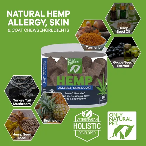 Only Natural Pet Alergia, piel y pelaje masticables suaves de cáñamo, mordeduras inmunitarias para perros, suplemento Omega 3, golosinas calmantes