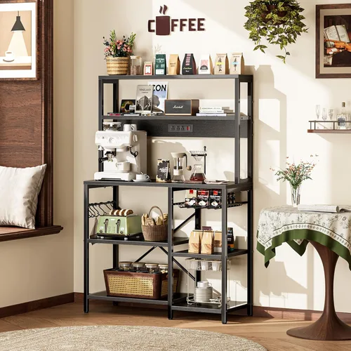 Vista 5 de SUPERJARE Estante de panadería con toma de corriente, barra de café de 35.4 pulgadas con canasta de alambre, soporte para microondas de cocina con 6