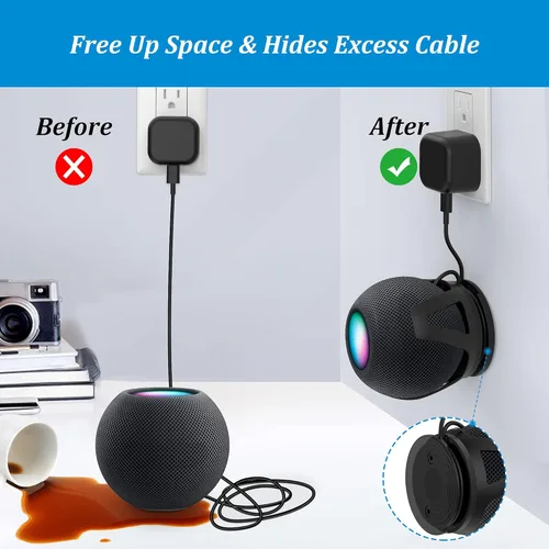 Vista 3 de PlusAcc Soporte de pared para HomePod Mini - Soporte compatible con Homepod Mini, sin sonido amortiguado, con gestión de cables, accesorios de Negro