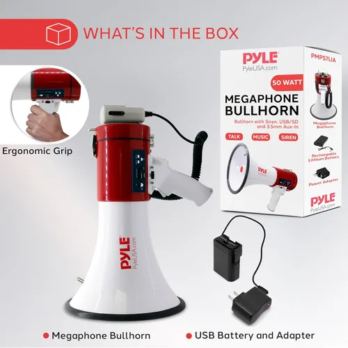 Vista 7 de Pyle Megaphone 50-Watt Siren Bullhorn - Bullhorn Speaker w/ Detachable Microphone, Portable Lightweight Strap & Rechargeable Battery - Professional