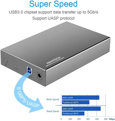 Vista 4 de Carcasa para disco duro RSHTECH USB 3.0 a SATA de aluminio para disco duro externo de 3.5 pulgadas HDD SSD hasta 16TB, soporte UASP (RSH-339)