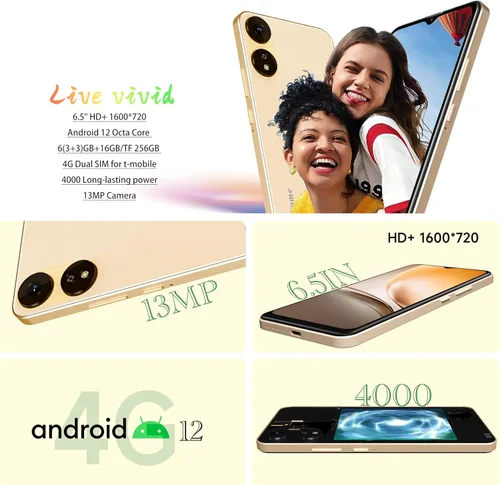 Vista 2 de Teléfonos Android desbloqueados para T-Mobile, teléfono Android 12 (2025), 3+16GB/256GB TF Octa Core, teléfonos desbloqueados con doble SIM