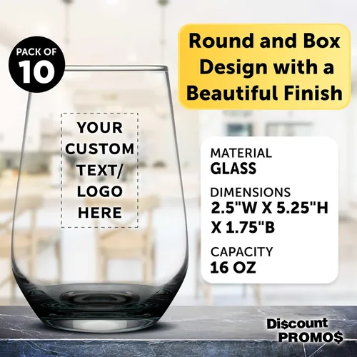 Vista 4 de DISCOUNT PROMOS Juego de copas de vino de Silicia de 10 vasos sin tallo, 16 onzas, texto personalizado, logotipo, transparente, similar a un orbe