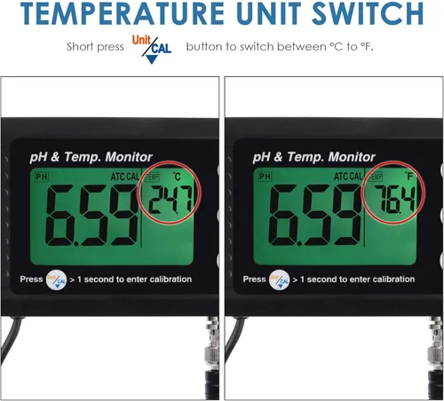 Vista 5 de 2 en 1 Monitor de pH de temperatura Medidor Probador Kit de prueba de sensor 0 ~ 14.0 pH Reconocimiento automático de tampón Sonda de electrodo BNC