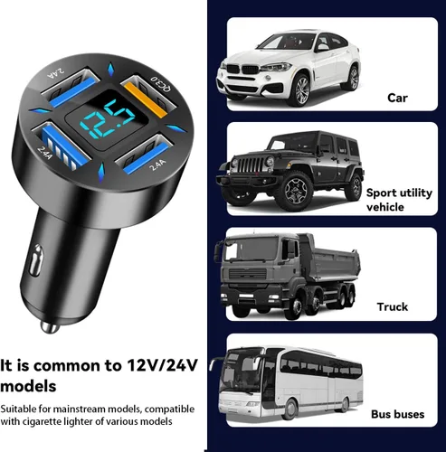 Vista 6 de Cargador de coche USB de 4 puertos, carga súper rápida USB QC 3.0 de 66 W, cargador adaptador USB con voltímetro LED para encendedor de cigarrillos