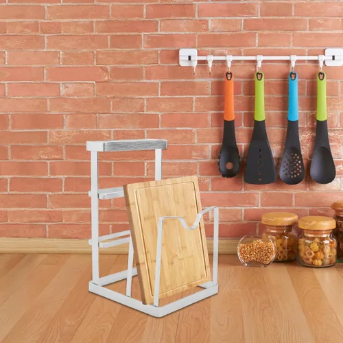 Vista 7 de Hemoton Soporte para tapa de olla de cocina y estante para tabla de cortar, organizador de acero inoxidable para almacenamiento de encimera