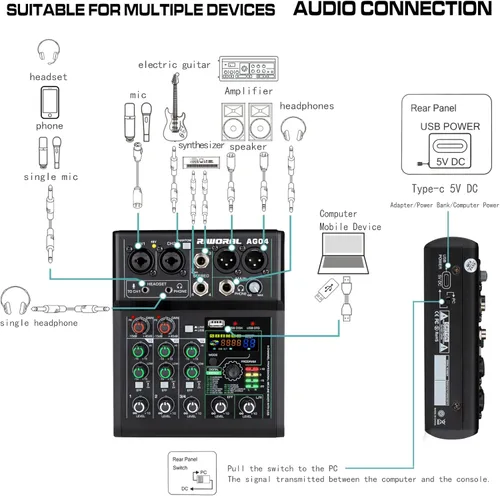 Vista 2 de Mezclador de audio de 4 canales con efectos 88 DSP, mesa de mezclas, interfaz USB, Bluetooth, reproductor de música + alimentación fantasma de línea