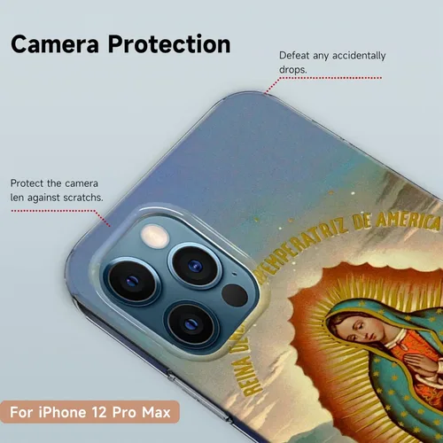 Vista 3 de Funda transparente adecuada para iPhone 12 Pro Max con patrón católico de la Virgen María de Guadalupe de cuatro esquinas, reforzada, a prueba