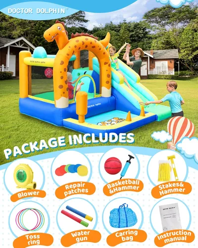 Vista 2 de Doctor Dolphin Castillo inflable de salto con túneles para niños pequeños de 3 a 8 años