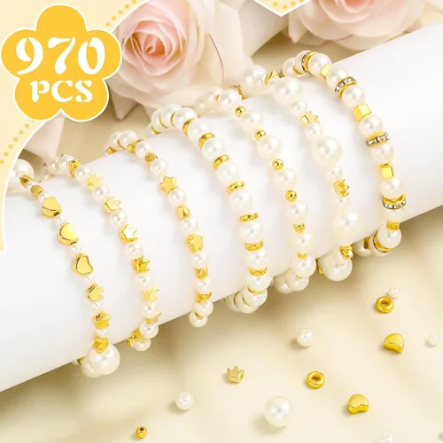 Vista 2 de Audab Cuentas de perlas para hacer pulseras, 970 cuentas espaciadoras de perlas y doradas para hacer joyas