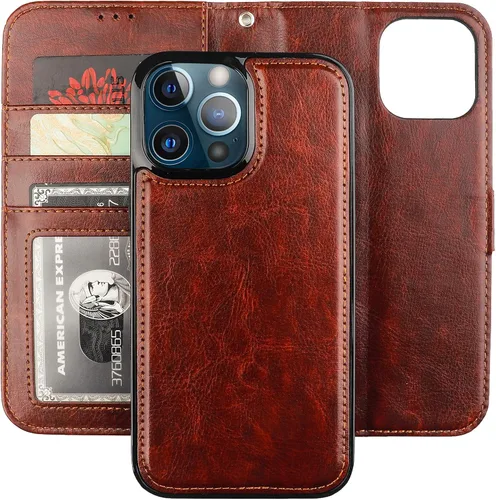 Vista 22 de Bocasal Funda tipo cartera desmontable para iPhone 13 Pro Max con bloqueo RFID, ranuras para tarjetas, soporte de cuero PU premium, soporte