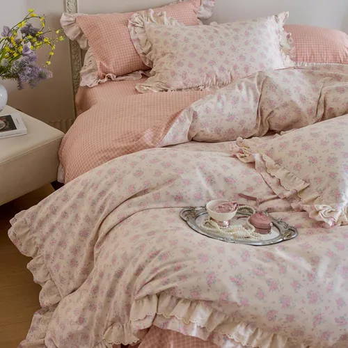 Vista 43 de Juego de funda de edredón con diseño floral, tamaño individual, color rosa y blanco, estampado de flores, estilo jardín, de algodón, estético