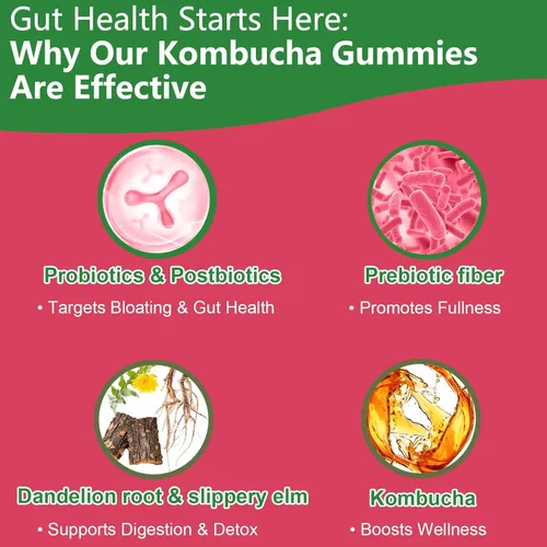 Vista 5 de Gomitas probióticas de kombucha: prebióticos, probióticos, postbióticos, suplemento de fibra, olmo resbaladizo para hinchazón, salud intestinal