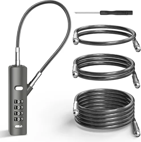 Vista 8 de Candado de Cable de Combinación de 4 Dígitos con 3 Cables de Acero (9"/24"/47") - Reinicio Seguro Solo con Código Actual - para Bicicleta, Equipaje