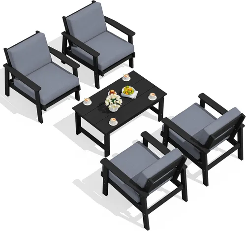 Vista 52 de SERWALL Sofá biplaza para patio al aire libre de HDPE, para todo tipo de clima, muebles de exterior de HDPE, marco negro y cojín gris