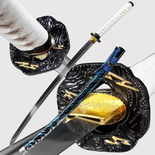 Vista 13 de Katana，Hand-Forged Katana Sword，Razor-Sharp 1095 & T10 Damascus Steel Blade, Full-Tang Structure for Martial Arts Practice, Collector's Display