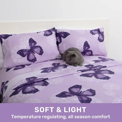Vista 3 de ARTALL Juego de sábanas de 3 piezas con estampado de mariposa, sábanas de microfibra suave para todas las estaciones, incluye 1 funda de almohada, 1