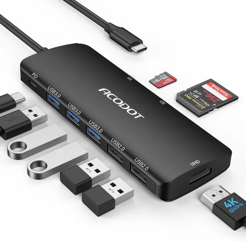 Vista 11 de Hub USB C, Acodot Adaptador USB C de 9 en 1 a HDMI 4K@60HZ multipuerto, 3 puertos USB 3.0, lector de tarjetas SD/TF, 100W PD, diseñado para MacBook
