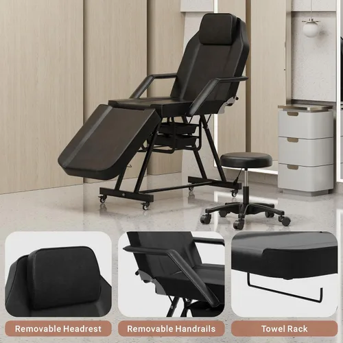Vista 7 de LOUVIXA Silla de tatuaje, silla facial ajustable de 73 pulgadas, cama de salón con taburete hidráulico para masaje profesional, spa de belleza Negro