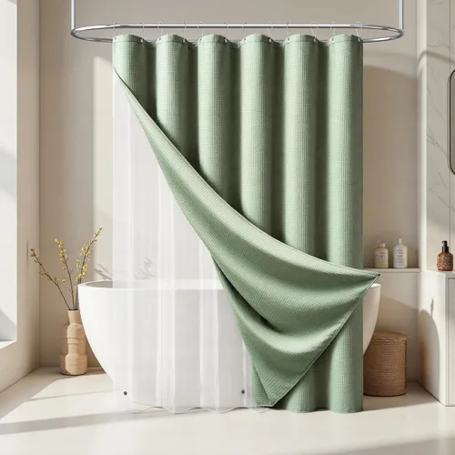 Vista 210 de Cortina de ducha de tela Dynamene verde oscuro - Cortinas de baño de tela de nido de abeja texturizadas resistentes, juego de cortinas de baño