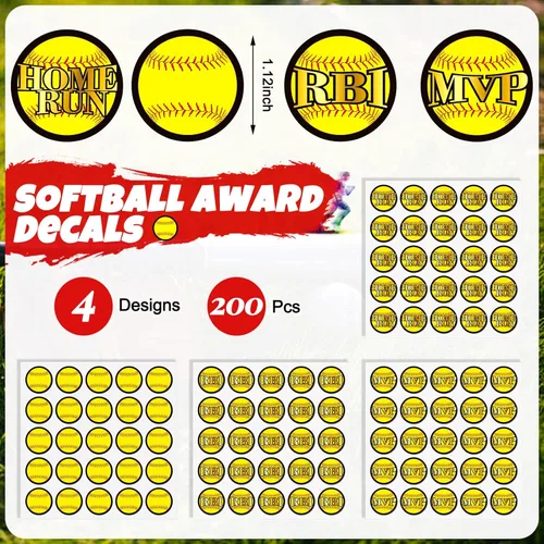 Vista 3 de Crtiin 200 calcomanías de béisbol y sóftbol, 8 hojas autoadhesivas de premios de sóftbol, regalos para niños y niñas, calcomanías para casco