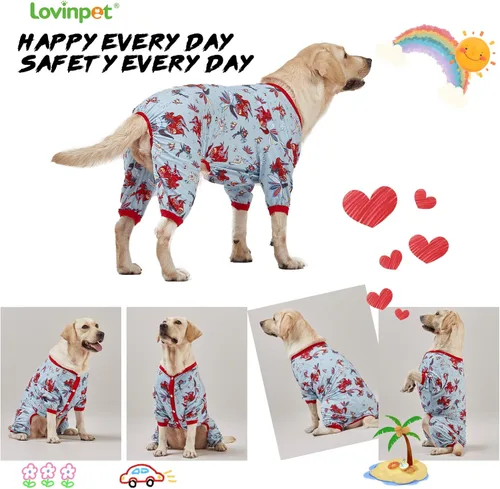 Vista 6 de LovinPet Pijama gigante para perros grandes, estampado de conejo y caballo salvaje, ligero y elástico, mameluco para perros de cobertura completa